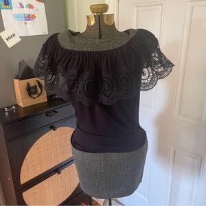 Adrianna Papell | Off-the-Shoulder lace flounce ruffle top, size S. Black